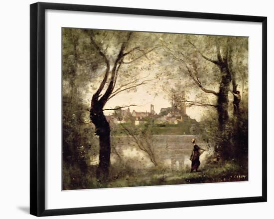 View of the Town and Cathedral of Mantes Through the Trees, Evening-Jean-Baptiste-Camille Corot-Framed Premium Giclee Print