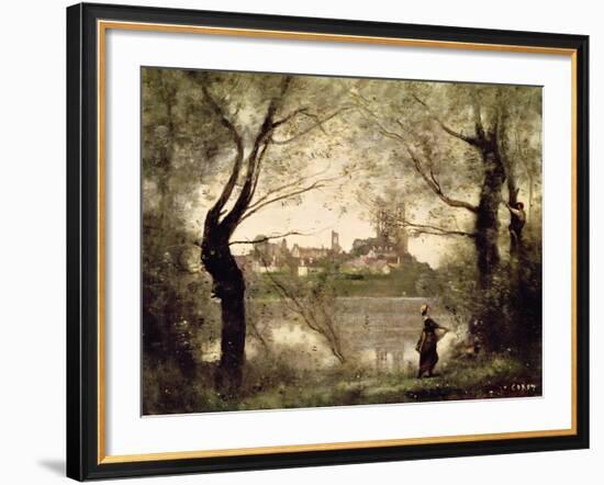 View of the Town and Cathedral of Mantes Through the Trees, Evening-Jean-Baptiste-Camille Corot-Framed Premium Giclee Print