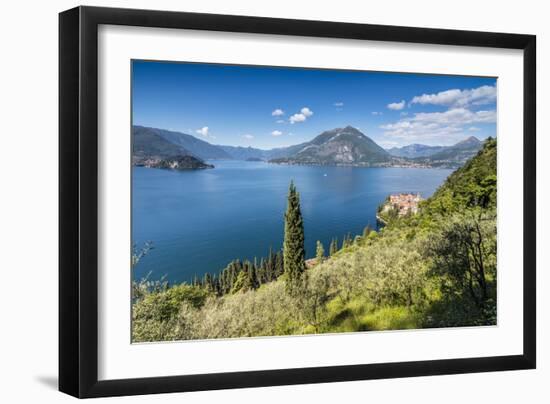 View of the typical village of Varenna and Lake Como surrounded by mountains, Italian Lakes, Italy-Roberto Moiola-Framed Photographic Print