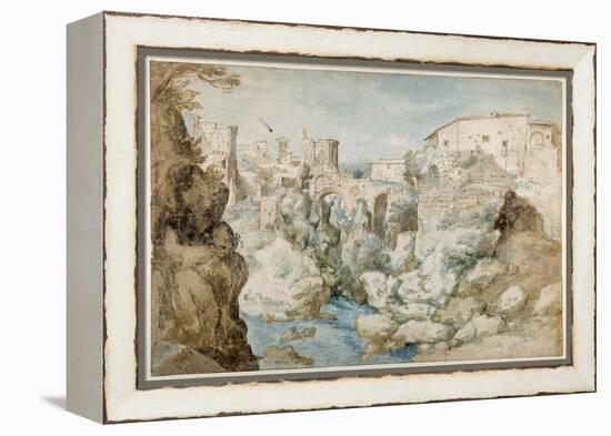 View of Tivoli with the Temple of the Tiburtine Sibyl and the Falls (Pen and Ink with Brown and Blu-Sebastian Vrancx-Framed Premier Image Canvas