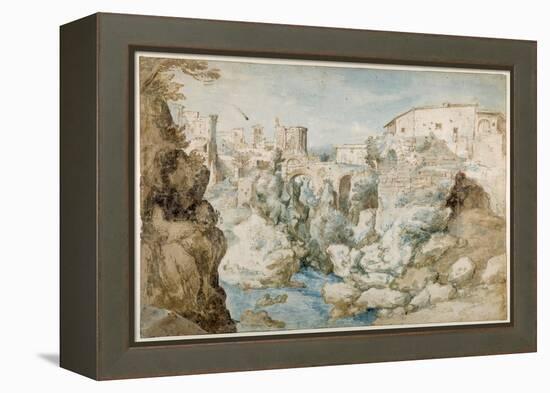 View of Tivoli with the Temple of the Tiburtine Sibyl and the Falls (Pen and Ink with Brown and Blu-Sebastian Vrancx-Framed Premier Image Canvas