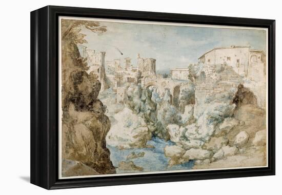 View of Tivoli with the Temple of the Tiburtine Sibyl and the Falls (Pen and Ink with Brown and Blu-Sebastian Vrancx-Framed Premier Image Canvas