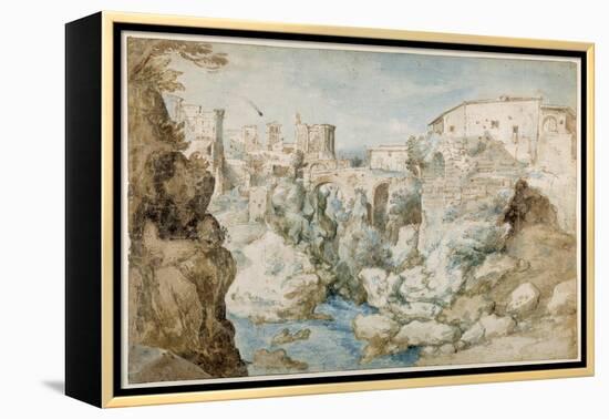 View of Tivoli with the Temple of the Tiburtine Sibyl and the Falls (Pen and Ink with Brown and Blu-Sebastian Vrancx-Framed Premier Image Canvas