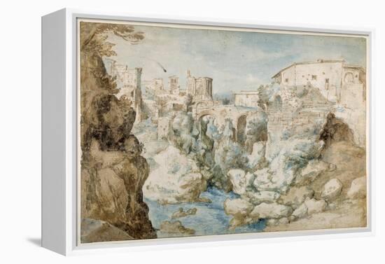 View of Tivoli with the Temple of the Tiburtine Sibyl and the Falls (Pen and Ink with Brown and Blu-Sebastian Vrancx-Framed Premier Image Canvas