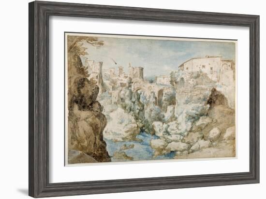View of Tivoli with the Temple of the Tiburtine Sibyl and the Falls (Pen and Ink with Brown and Blu-Sebastian Vrancx-Framed Giclee Print