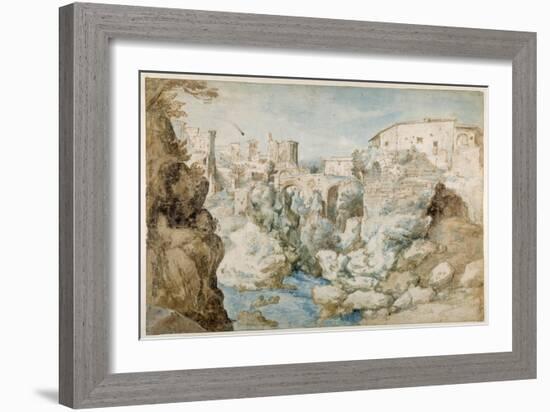 View of Tivoli with the Temple of the Tiburtine Sibyl and the Falls (Pen and Ink with Brown and Blu-Sebastian Vrancx-Framed Giclee Print