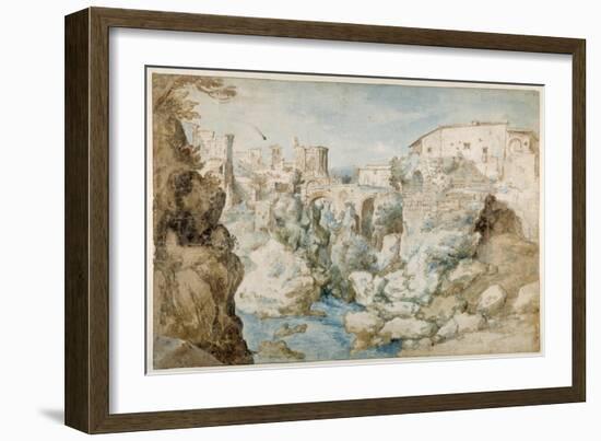 View of Tivoli with the Temple of the Tiburtine Sibyl and the Falls (Pen and Ink with Brown and Blu-Sebastian Vrancx-Framed Giclee Print