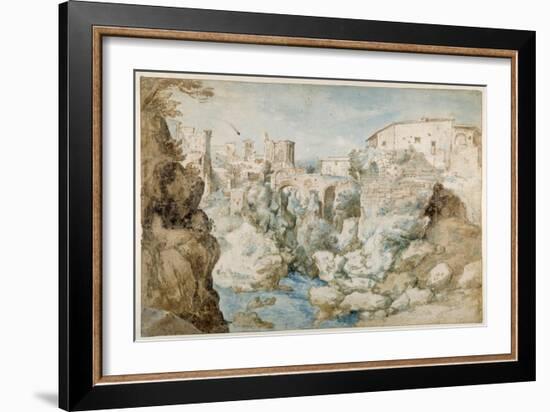 View of Tivoli with the Temple of the Tiburtine Sibyl and the Falls (Pen and Ink with Brown and Blu-Sebastian Vrancx-Framed Giclee Print