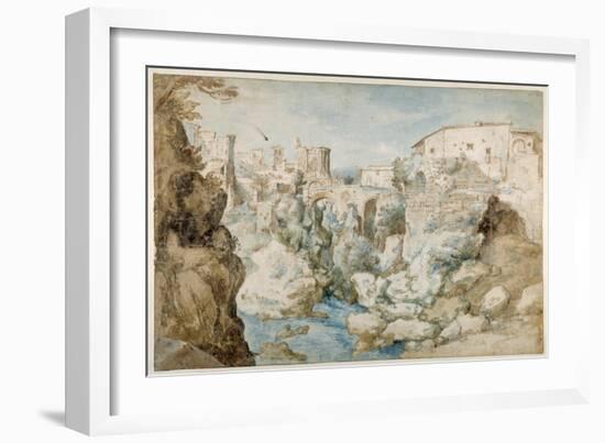 View of Tivoli with the Temple of the Tiburtine Sibyl and the Falls (Pen and Ink with Brown and Blu-Sebastian Vrancx-Framed Giclee Print