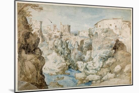 View of Tivoli with the Temple of the Tiburtine Sibyl and the Falls (Pen and Ink with Brown and Blu-Sebastian Vrancx-Mounted Giclee Print