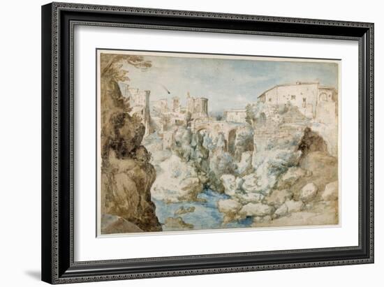 View of Tivoli with the Temple of the Tiburtine Sibyl and the Falls (Pen and Ink with Brown and Blu-Sebastian Vrancx-Framed Giclee Print