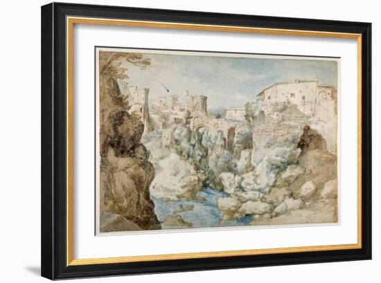 View of Tivoli with the Temple of the Tiburtine Sibyl and the Falls (Pen and Ink with Brown and Blu-Sebastian Vrancx-Framed Giclee Print