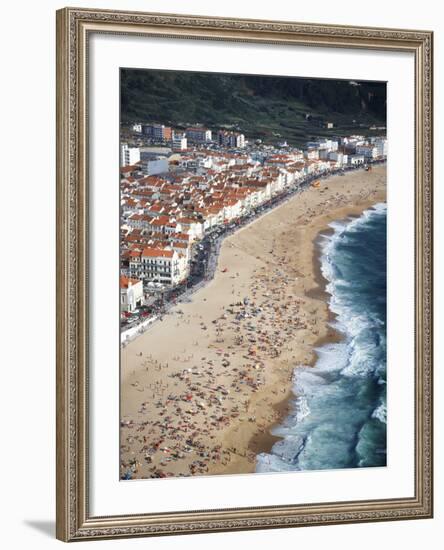 View of Town and Beach from Sitio, Nazare, Portugal-Walter Bibikow-Framed Photographic Print