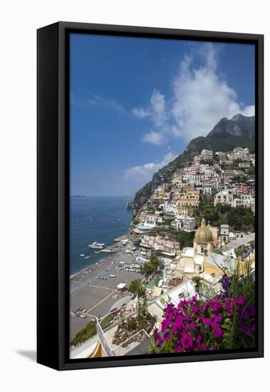 View of town and beach, Positano, Amalfi Coast (Costiera Amalfitana), UNESCO World Heritage Site, C-John Miller-Framed Premier Image Canvas