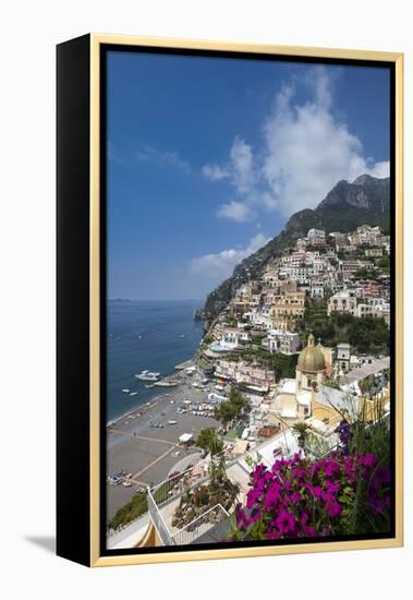 View of town and beach, Positano, Amalfi Coast (Costiera Amalfitana), UNESCO World Heritage Site, C-John Miller-Framed Premier Image Canvas