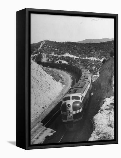View of Train Speeding Along Cajon Pass-null-Framed Premier Image Canvas