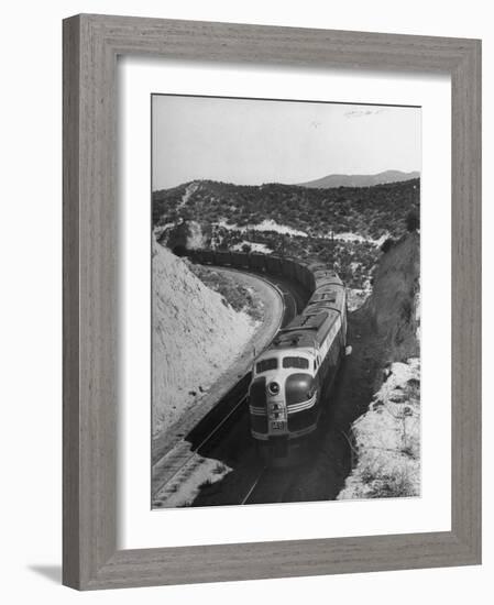 View of Train Speeding Along Cajon Pass-null-Framed Photographic Print