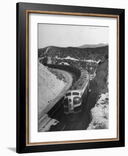 View of Train Speeding Along Cajon Pass-null-Framed Photographic Print