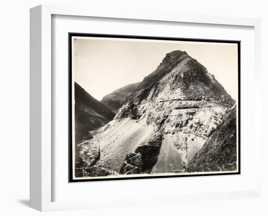 View of Two Railroad Trains on Tracks Along a Mountain, Presumably on or Near the Panama Canal,…-Byron Company-Framed Giclee Print