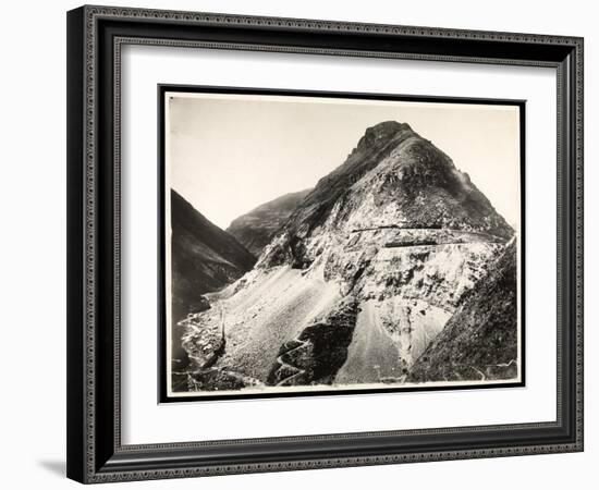 View of Two Railroad Trains on Tracks Along a Mountain, Presumably on or Near the Panama Canal,…-Byron Company-Framed Giclee Print
