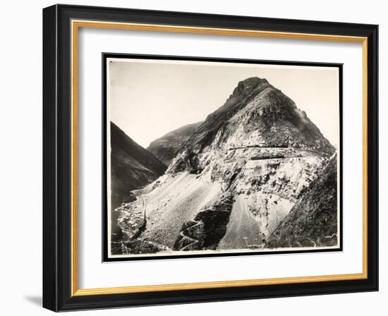 View of Two Railroad Trains on Tracks Along a Mountain, Presumably on or Near the Panama Canal,…-Byron Company-Framed Giclee Print