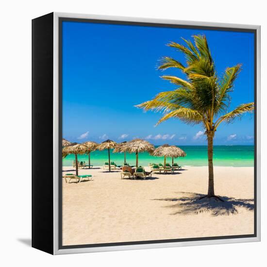 View of Varadero Beach in Cuba with a Coconut Tree, Umbrellas and a Beautiful Turquoise Ocean-Kamira-Framed Stretched Canvas