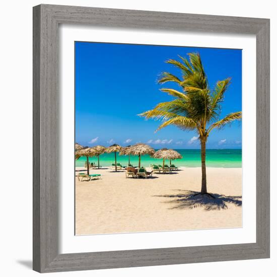 View of Varadero Beach in Cuba with a Coconut Tree, Umbrellas and a Beautiful Turquoise Ocean-Kamira-Framed Photographic Print