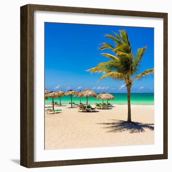 View of Varadero Beach in Cuba with a Coconut Tree, Umbrellas and a Beautiful Turquoise Ocean-Kamira-Framed Photographic Print