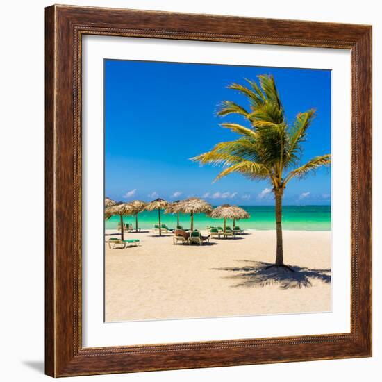 View of Varadero Beach in Cuba with a Coconut Tree, Umbrellas and a Beautiful Turquoise Ocean-Kamira-Framed Photographic Print