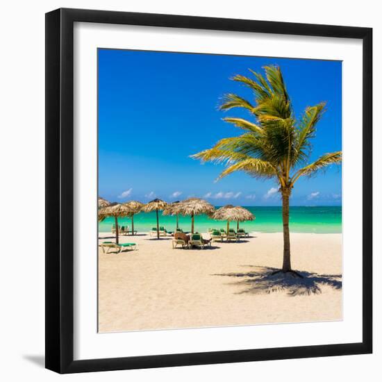 View of Varadero Beach in Cuba with a Coconut Tree, Umbrellas and a Beautiful Turquoise Ocean-Kamira-Framed Photographic Print