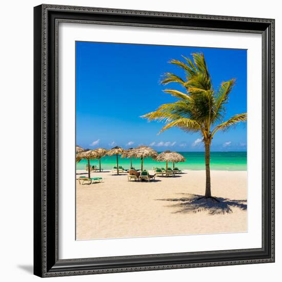 View of Varadero Beach in Cuba with a Coconut Tree, Umbrellas and a Beautiful Turquoise Ocean-Kamira-Framed Photographic Print