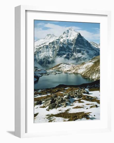 View of Wetterhorn Mountain and Bachsee Lake, Bernese Alps, Grindelwald, Switzerland-Scott T. Smith-Framed Photographic Print