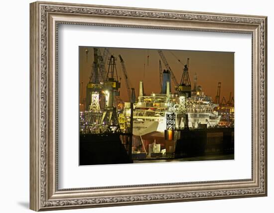 View on the Illuminateded Swimming Docks of Blohm and Voss with Cruise Ship Thomson Celebration-Uwe Steffens-Framed Photographic Print