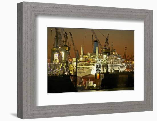 View on the Illuminateded Swimming Docks of Blohm and Voss with Cruise Ship Thomson Celebration-Uwe Steffens-Framed Photographic Print