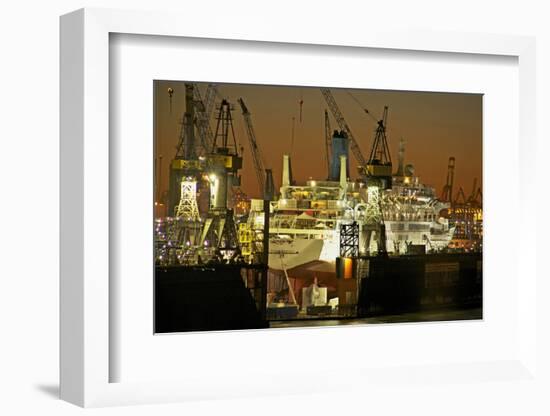 View on the Illuminateded Swimming Docks of Blohm and Voss with Cruise Ship Thomson Celebration-Uwe Steffens-Framed Photographic Print