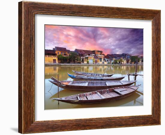 View on the Old Town of Hoi an from the River. Boats in the Foreground.-GoodOlga-Framed Photographic Print