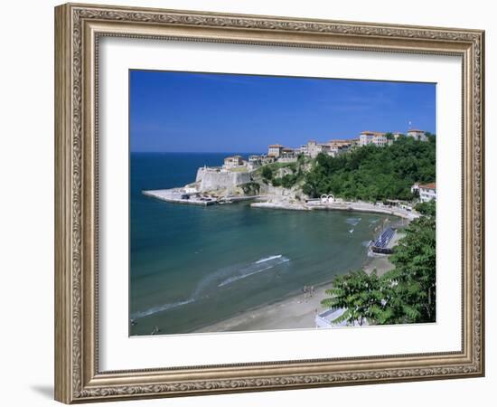 View over Beach to the Old Fortified City, Ulcinj, Haj-Nehaj, Montenegro, Europe-Stuart Black-Framed Photographic Print