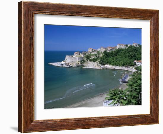 View over Beach to the Old Fortified City, Ulcinj, Haj-Nehaj, Montenegro, Europe-Stuart Black-Framed Photographic Print