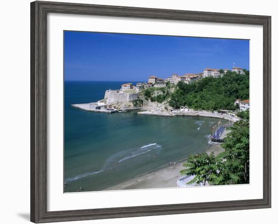 View over Beach to the Old Fortified City, Ulcinj, Haj-Nehaj, Montenegro, Europe-Stuart Black-Framed Photographic Print