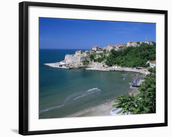 View over Beach to the Old Fortified City, Ulcinj, Haj-Nehaj, Montenegro, Europe-Stuart Black-Framed Photographic Print