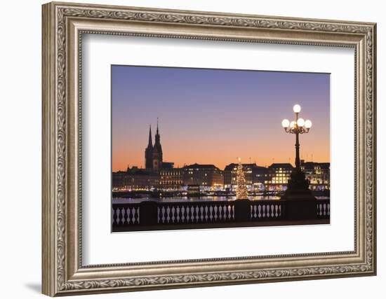 View over Binnenalster Lake (Inner Alster) to the Christmas market at Jungfernstieg and City Hall, -Markus Lange-Framed Photographic Print