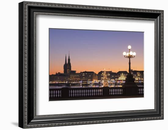 View over Binnenalster Lake (Inner Alster) to the Christmas market at Jungfernstieg and City Hall, -Markus Lange-Framed Photographic Print