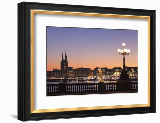 View over Binnenalster Lake (Inner Alster) to the Christmas market at Jungfernstieg and City Hall, -Markus Lange-Framed Photographic Print