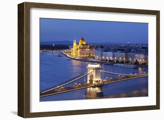 View over Danube River to Chain Bridge and Parliament, UNESCO World Heritage Site, Budapest, Hungar-Markus Lange-Framed Photographic Print