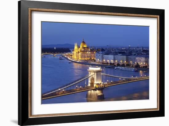 View over Danube River to Chain Bridge and Parliament, UNESCO World Heritage Site, Budapest, Hungar-Markus Lange-Framed Photographic Print