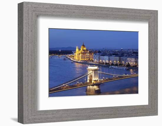 View over Danube River to Chain Bridge and Parliament, UNESCO World Heritage Site, Budapest, Hungar-Markus Lange-Framed Photographic Print