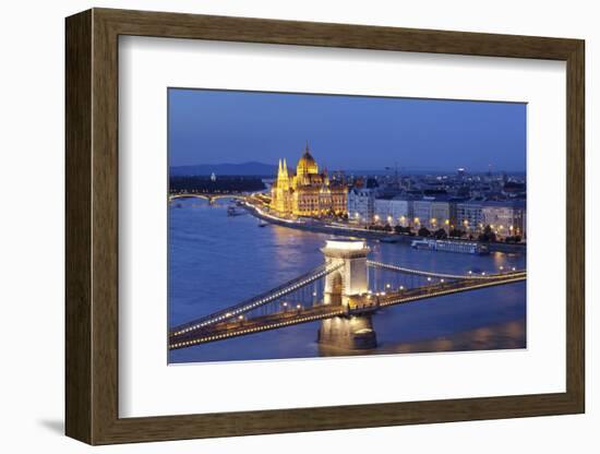 View over Danube River to Chain Bridge and Parliament, UNESCO World Heritage Site, Budapest, Hungar-Markus Lange-Framed Photographic Print