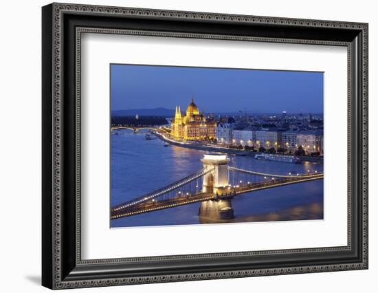 View over Danube River to Chain Bridge and Parliament, UNESCO World Heritage Site, Budapest, Hungar-Markus Lange-Framed Photographic Print