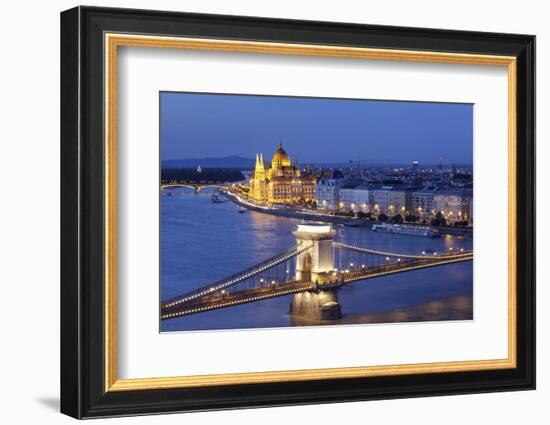 View over Danube River to Chain Bridge and Parliament, UNESCO World Heritage Site, Budapest, Hungar-Markus Lange-Framed Photographic Print