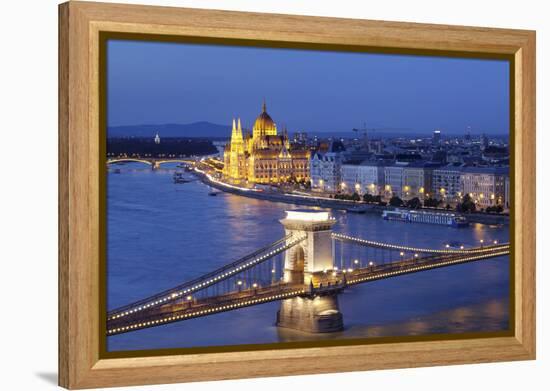View over Danube River to Chain Bridge and Parliament, UNESCO World Heritage Site, Budapest, Hungar-Markus Lange-Framed Premier Image Canvas